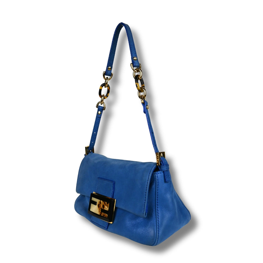 Fendi Mama Baguette Blue with Tortoise shell clasp left side front