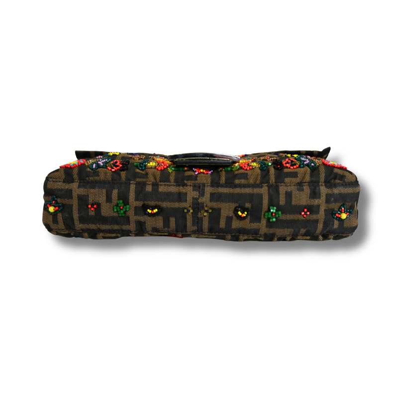 Fendi Zucca Floral Beaded Baguette  with green satin lining and lizard skin strap