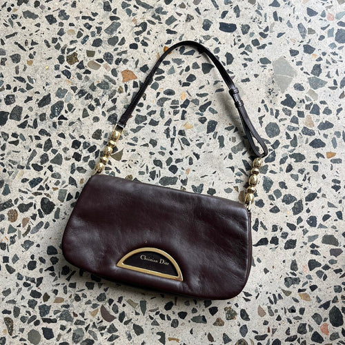 Dior Shoulder Bag Brown Leather with Gold Pearl Accents