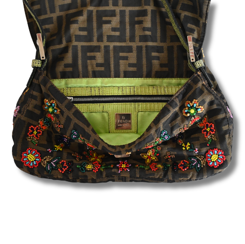 Fendi Zucca Floral Beaded Baguette  with green satin lining and lizard skin strap