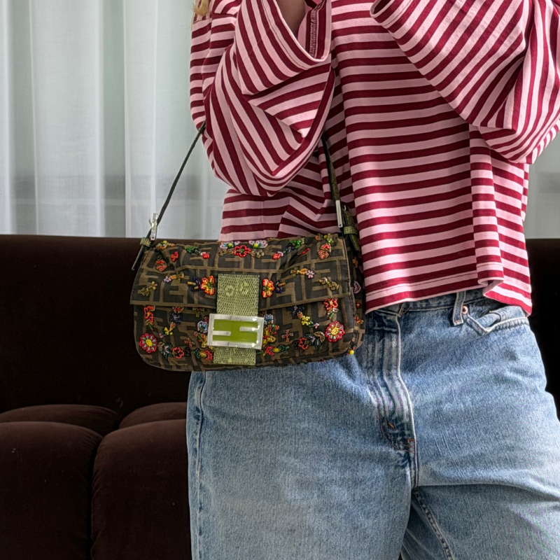 Fendi Zucca Floral Beaded Baguette  with green satin lining and lizard skin strap