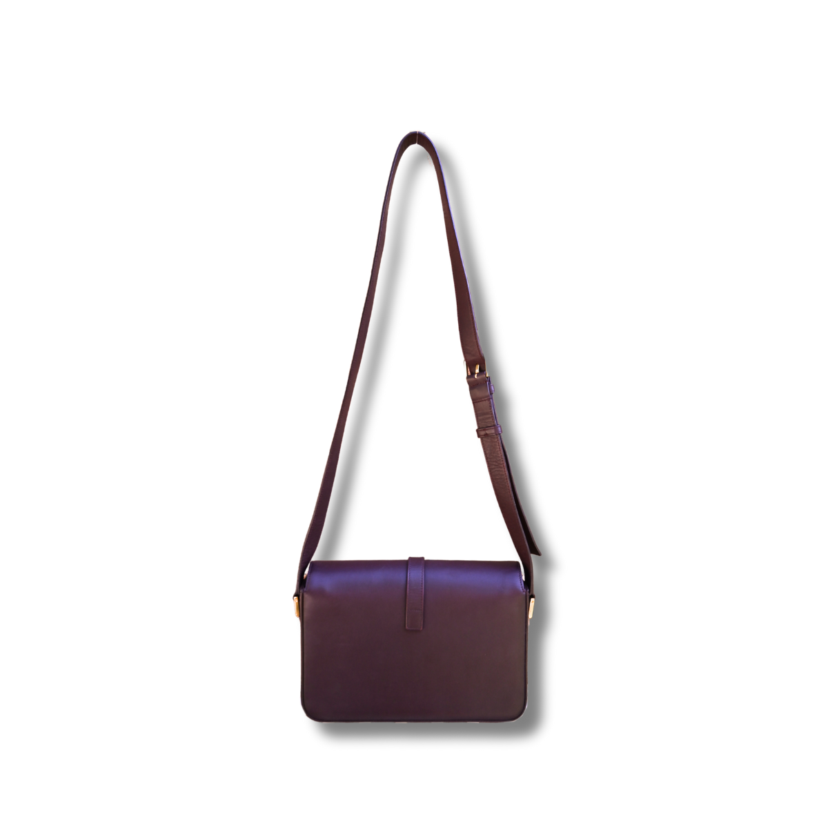 A burgundy Saint Laurent satchel crossbody bag with a gold-finish logo, displayed against a white background