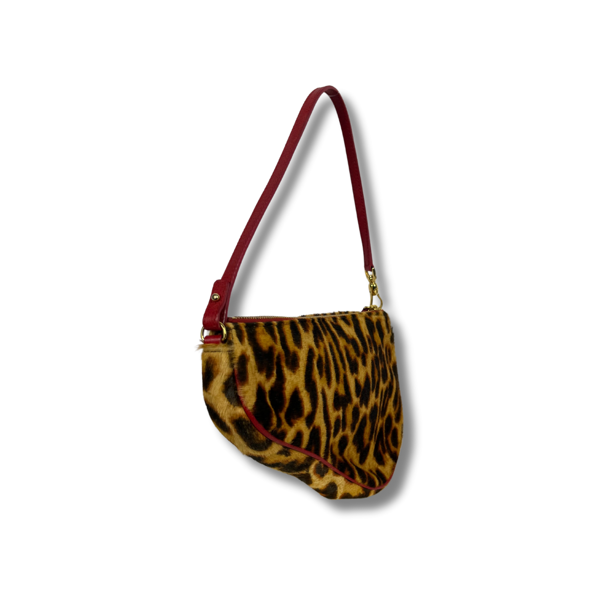 Dior Leopard Print Saddle Rodeo Pouch with pony-style calfskin and red leather trim