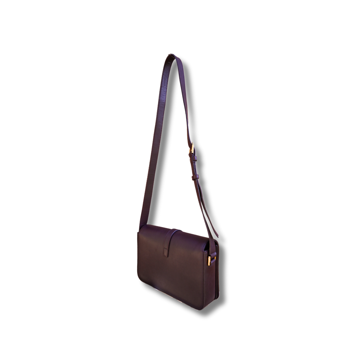 A burgundy Saint Laurent satchel crossbody bag with a gold-finish logo, displayed against a white background