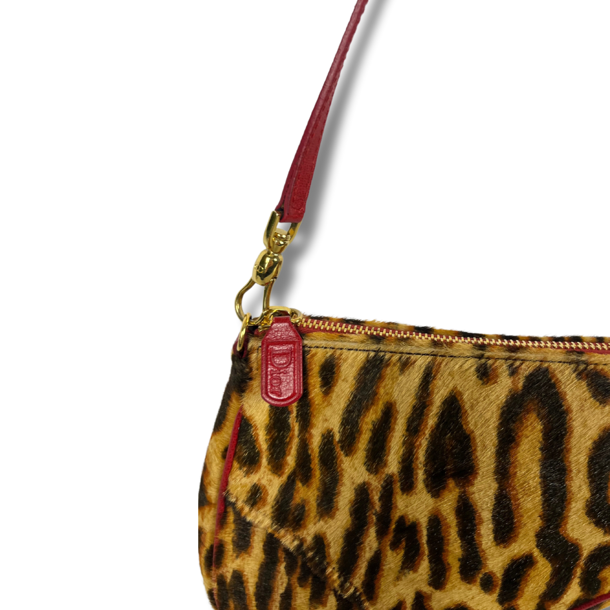 Dior Leopard Print Saddle Rodeo Pouch with pony-style calfskin and red leather trim