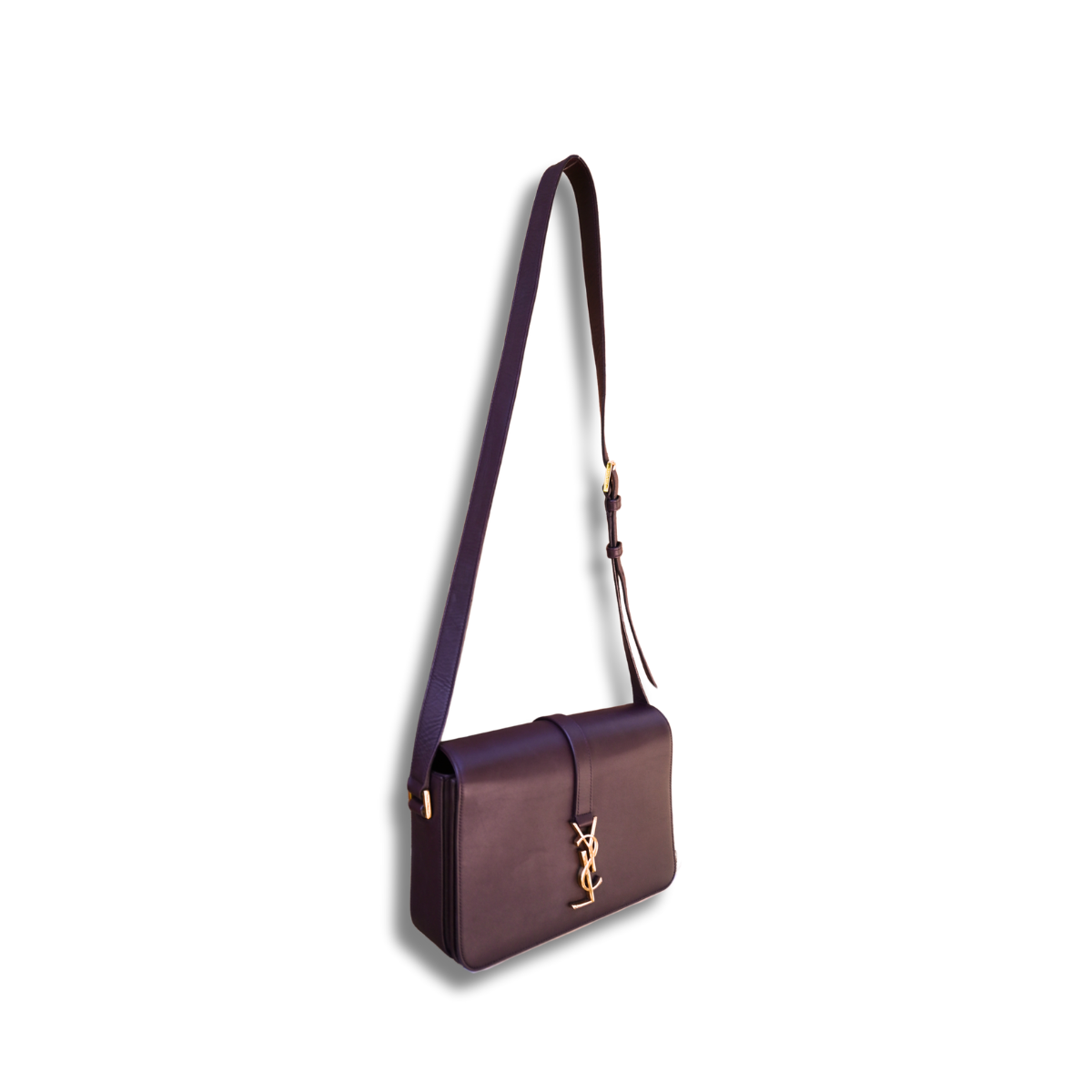 A burgundy Saint Laurent satchel crossbody bag with a gold-finish logo, displayed against a white background