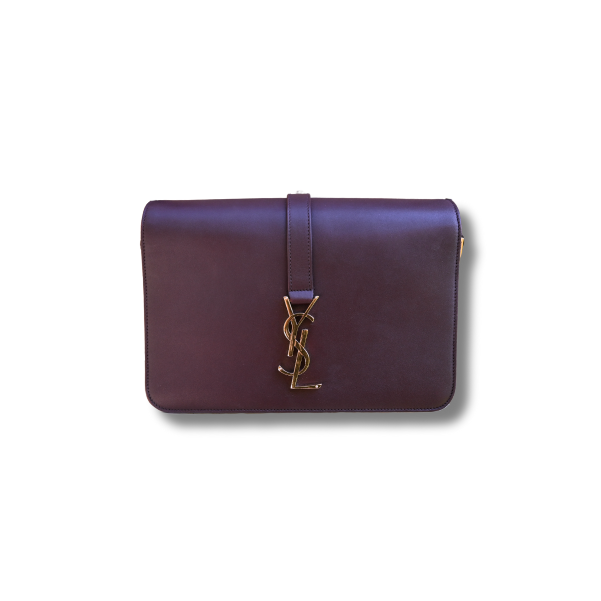 A burgundy Saint Laurent satchel crossbody bag with a gold-finish logo, displayed against a white background