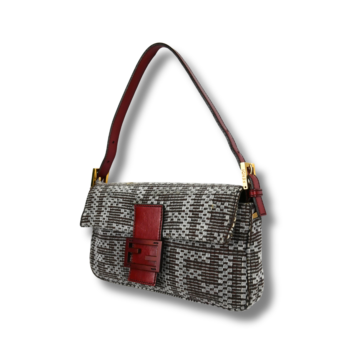 Fendi Woven Baguette Grey with Cherry red leather hardware,  left front