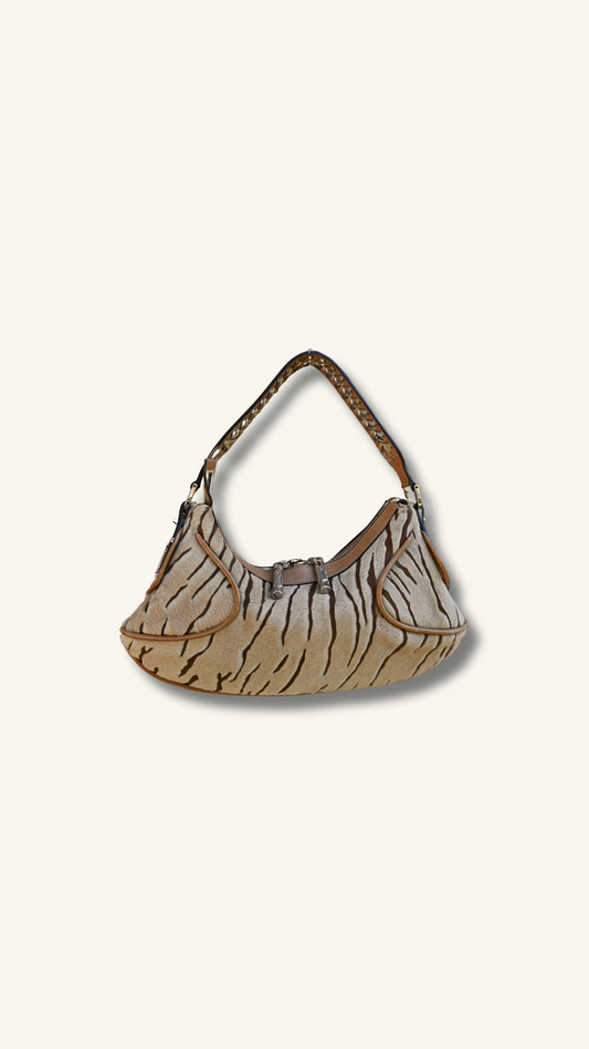 Vintage Versace crescent shoulder bag. Pony hair animal print and cognac brown leather Y2K