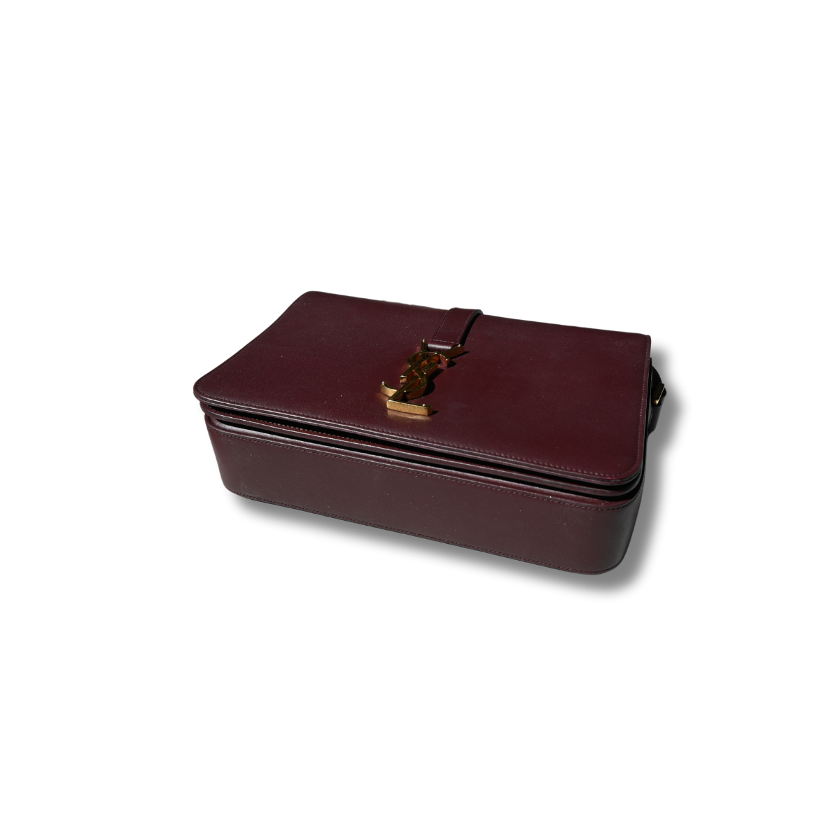 A burgundy Saint Laurent satchel crossbody bag with a gold-finish logo, displayed against a white background
