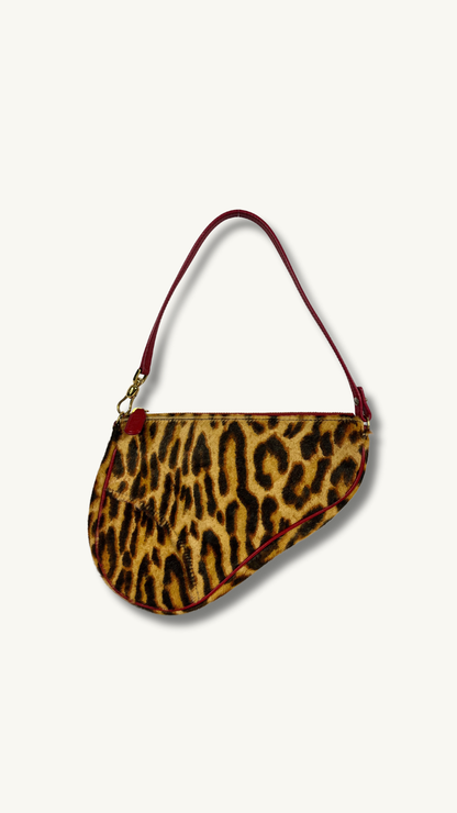 Dior Leopard Print Saddle Rodeo Pouch with pony-style calfskin and red leather trim