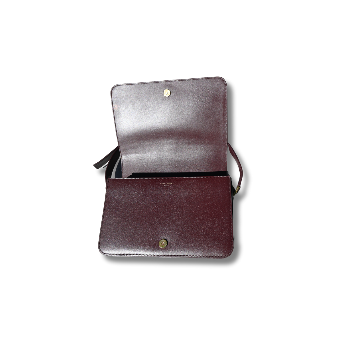 A burgundy Saint Laurent satchel crossbody bag with a gold-finish logo, displayed against a white background