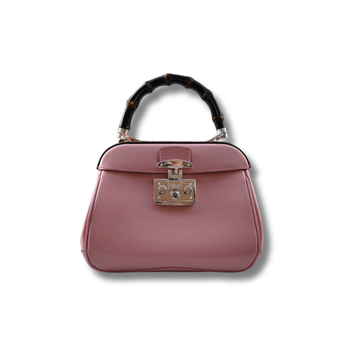 Gucci Bamboo Lady Lock Pink Bag with Silver hardware and detachable strap.