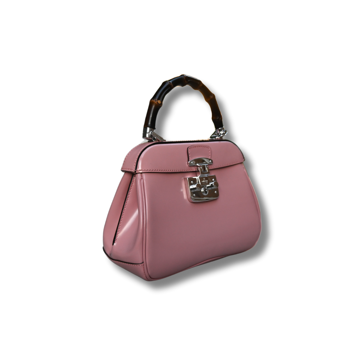 Gucci Bamboo Lady Lock Pink Bag with Silver hardware and detachable strap.