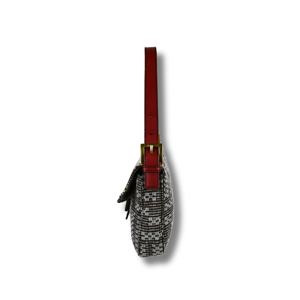 Fendi Woven Baguette Grey with Cherry red leather hardware, left side