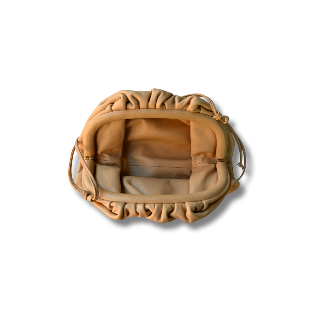 Bottega Veneta Calfskin Leather Mini Pouch Clutch Bag Almond