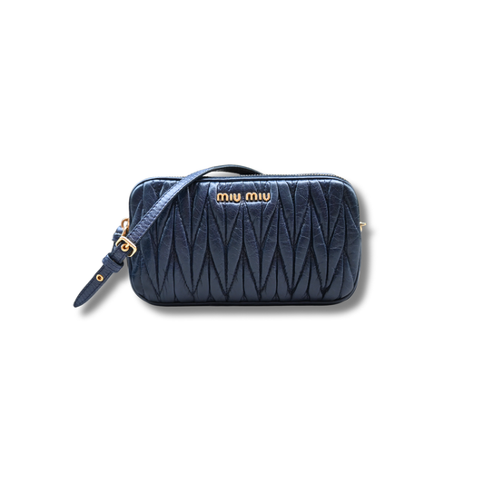 Miu Miu Matelasse Nano Handle Clutch Bag Navy Blue Gold Hardware
