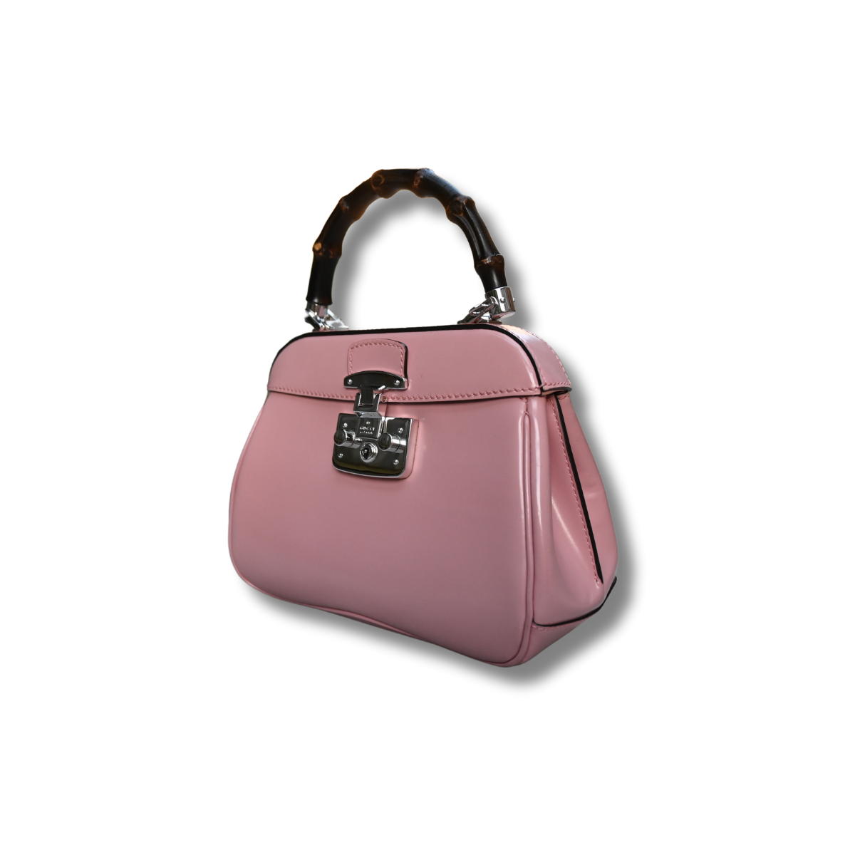 Gucci Bamboo Lady Lock Pink Bag with Silver hardware and detachable strap.