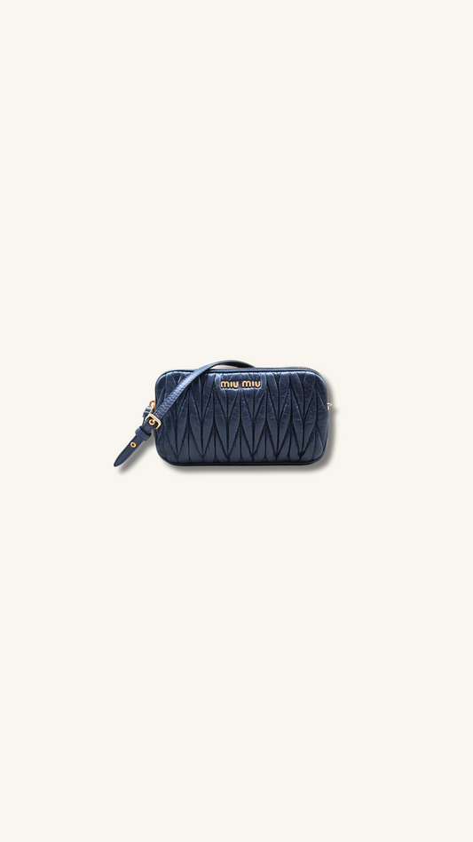 Miu Miu Matelasse Nano Handle Clutch Bag Navy Blue Gold Hardware