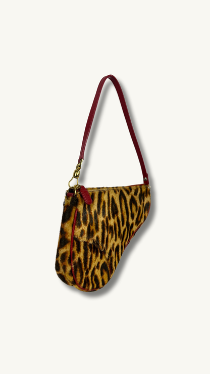 Dior Leopard Print Saddle Rodeo Pouch with pony-style calfskin and red leather trim