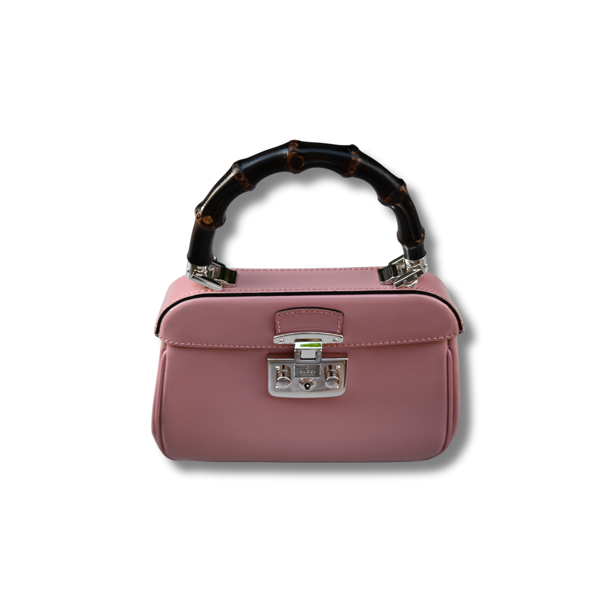 Gucci Bamboo Lady Lock Pink Bag with Silver hardware and detachable strap.