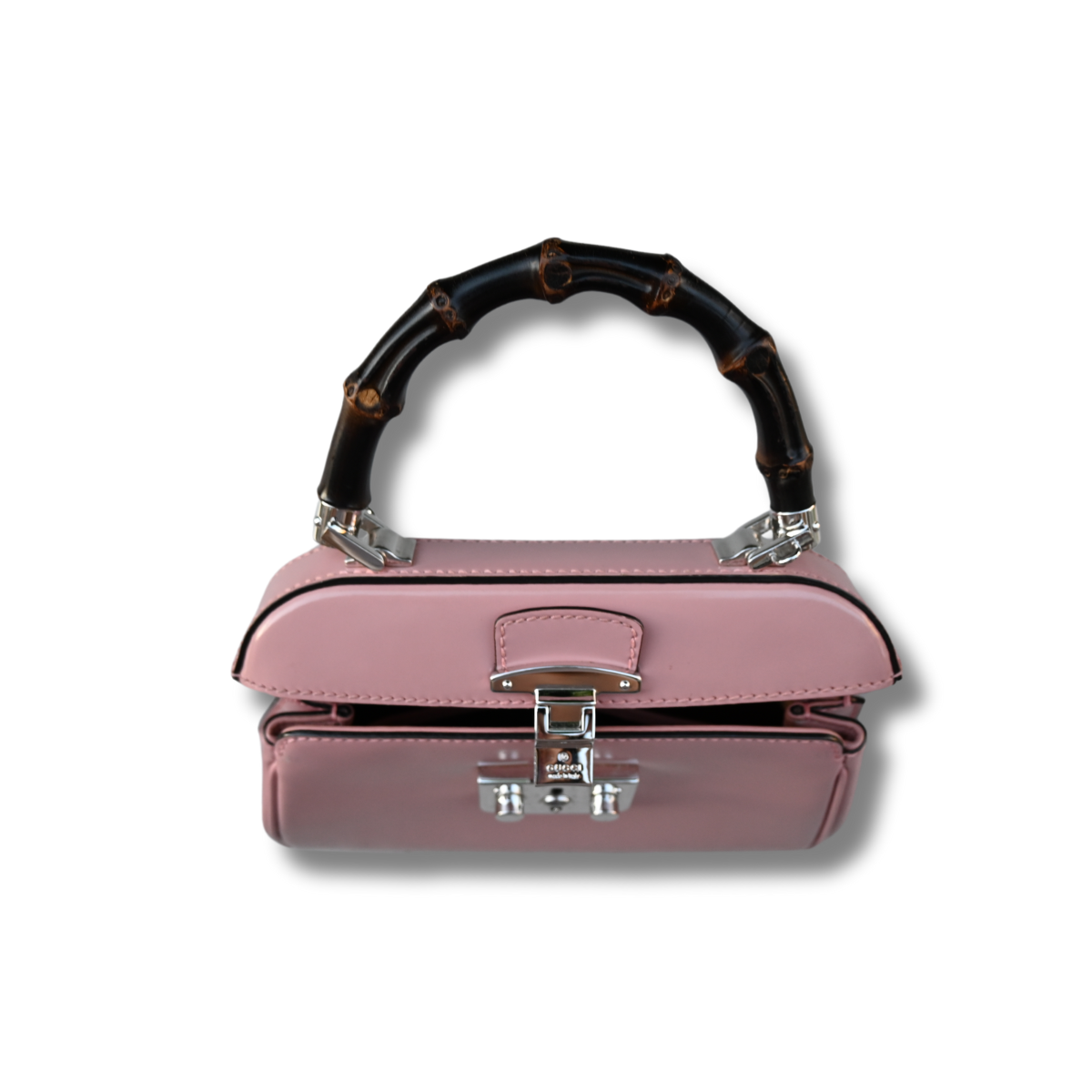 Gucci Bamboo Lady Lock Pink Bag with Silver hardware and detachable strap.