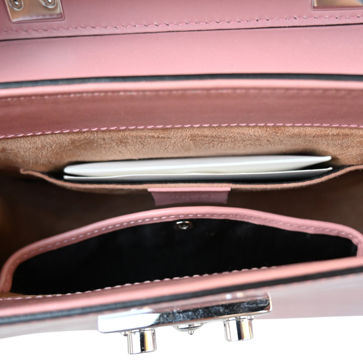 Gucci Bamboo Lady Lock Pink Bag with Silver hardware and detachable strap.
