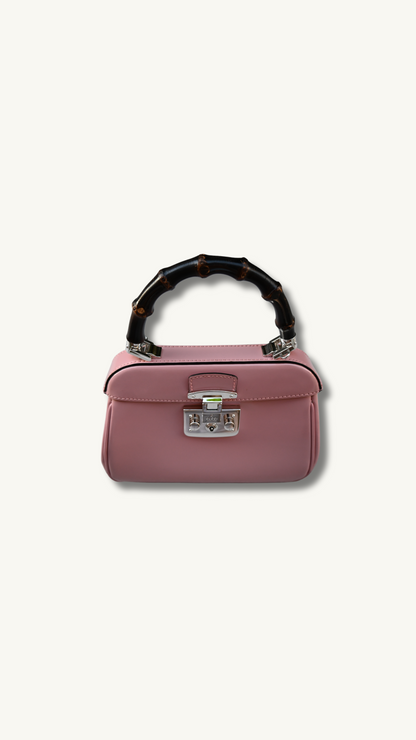 Gucci Bamboo Lady Lock Pink Bag with Silver hardware and detachable strap.