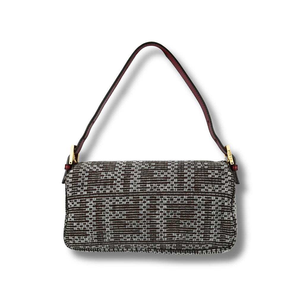 Fendi Woven Baguette Grey with Cherry red leather hardware, back shot