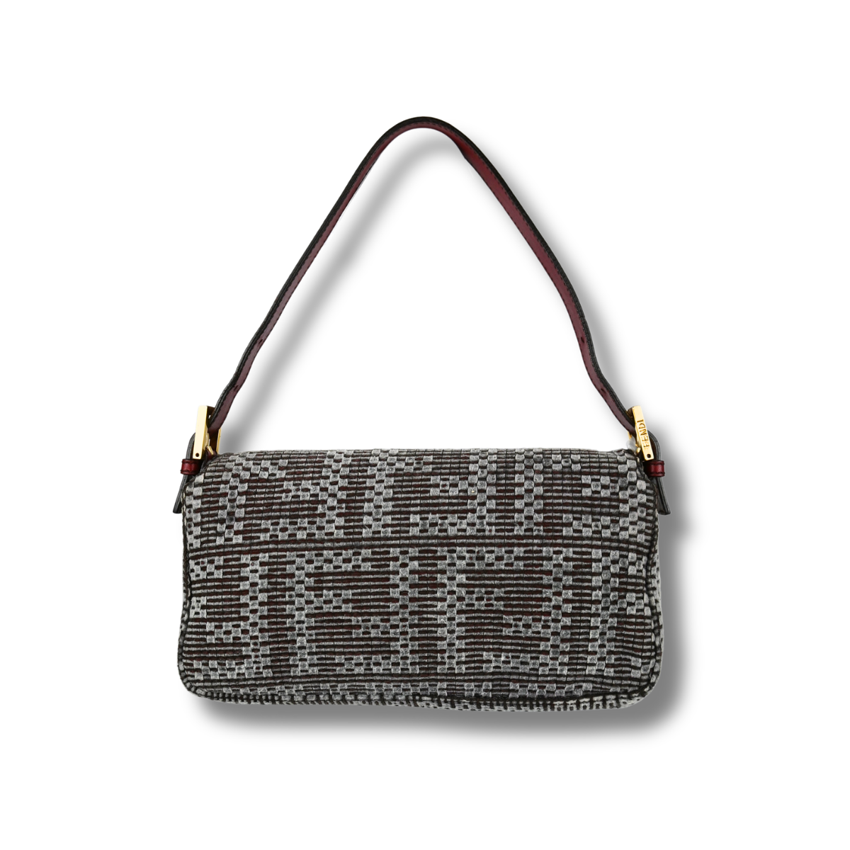 Fendi Woven Baguette Grey with Cherry red leather hardware, back shot