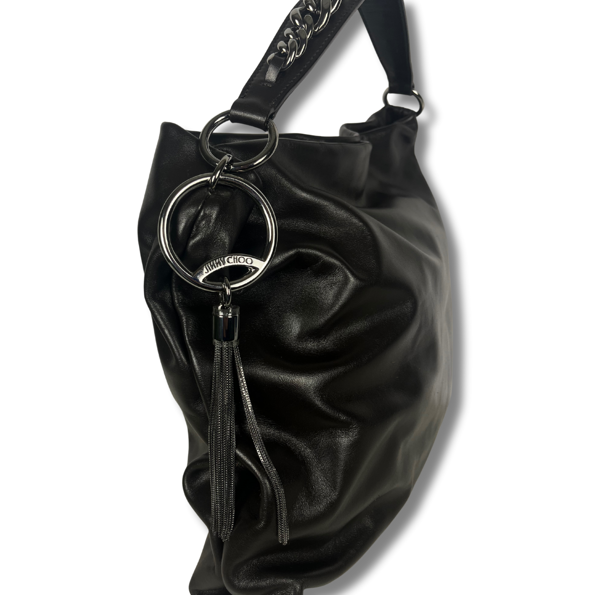 Jimmy Choo Callie Large Hobo Bag in Calf skin Leather with silver chain and logo plaque