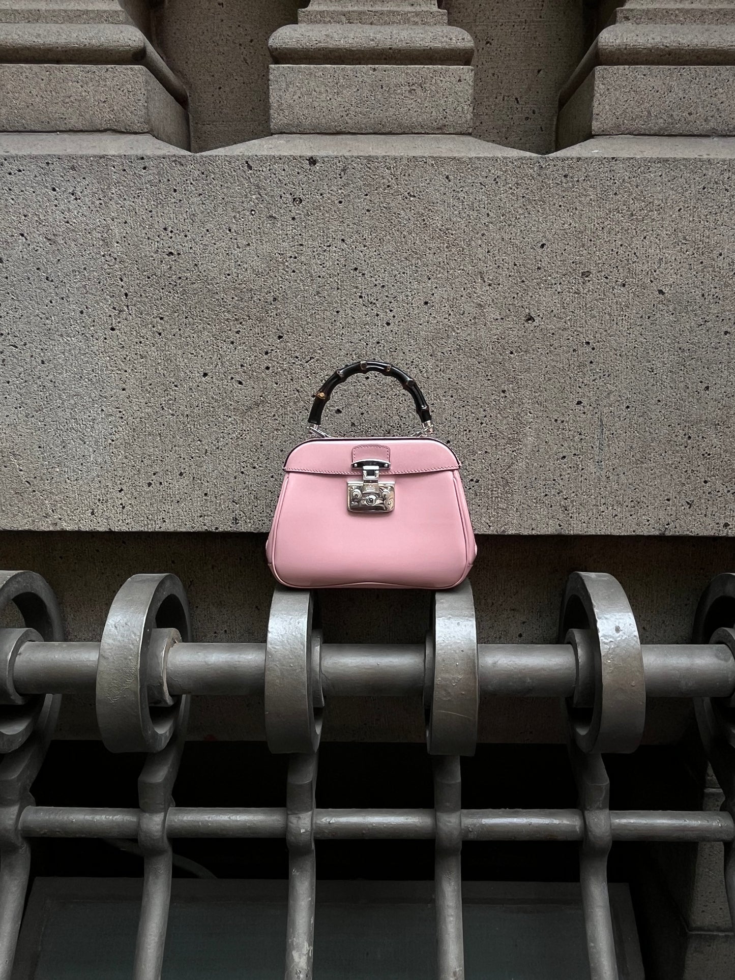 Gucci Bamboo Lady Lock Pink Bag with Silver hardware and detachable strap.