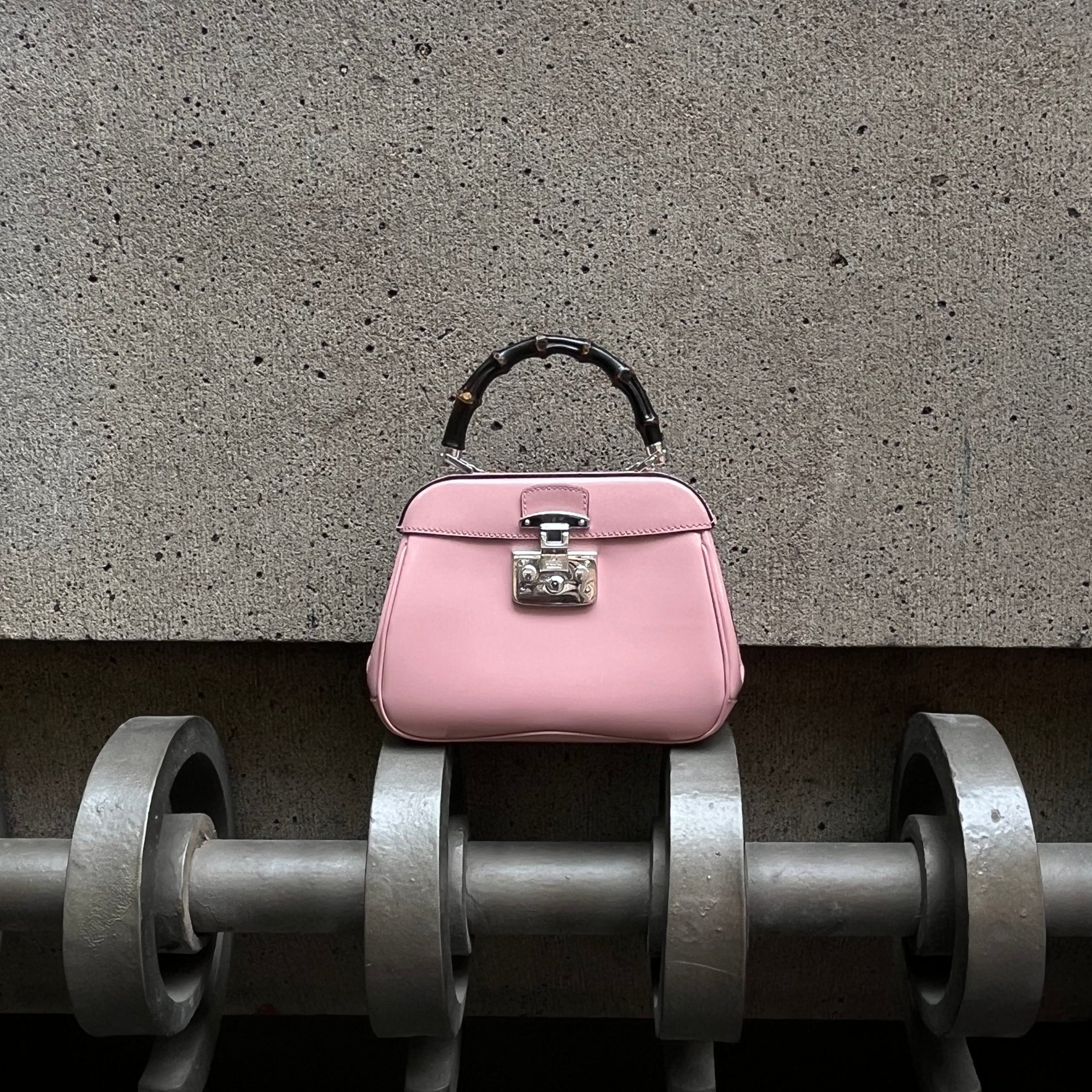 Gucci Bamboo Lady Lock Pink Bag with Silver hardware and detachable strap.