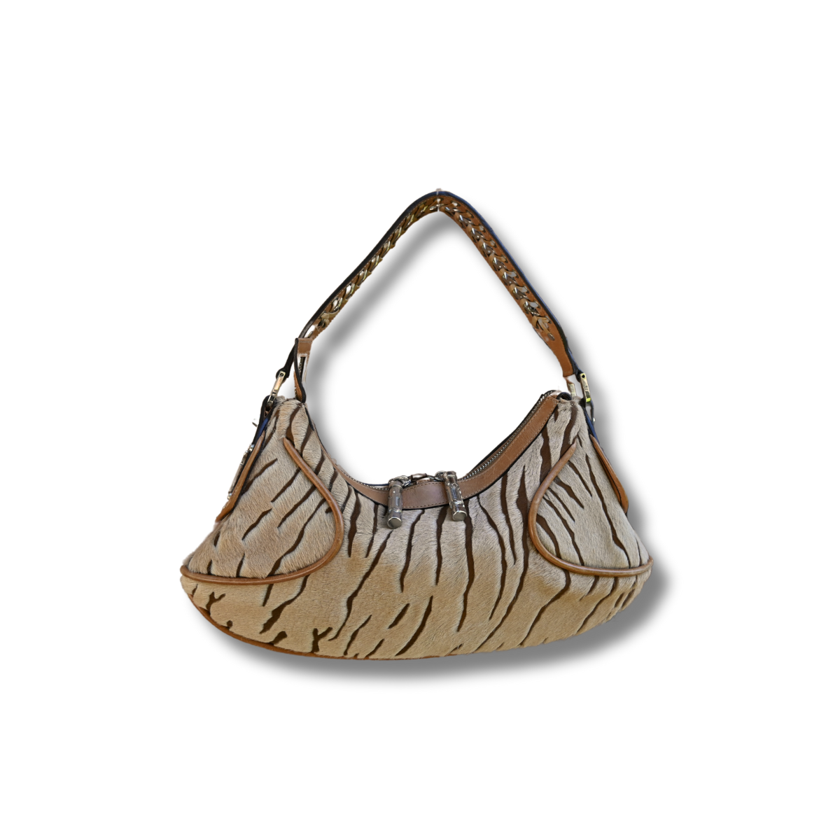 Vintage Versace crescent shoulder bag. Pony hair animal print and cognac brown leather Y2K