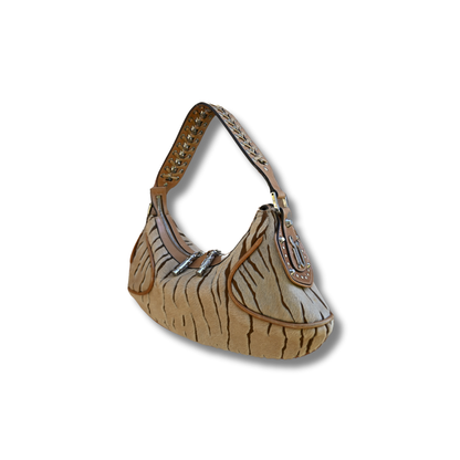 Vintage Versace crescent shoulder bag. Pony hair animal print and cognac brown leather Y2K