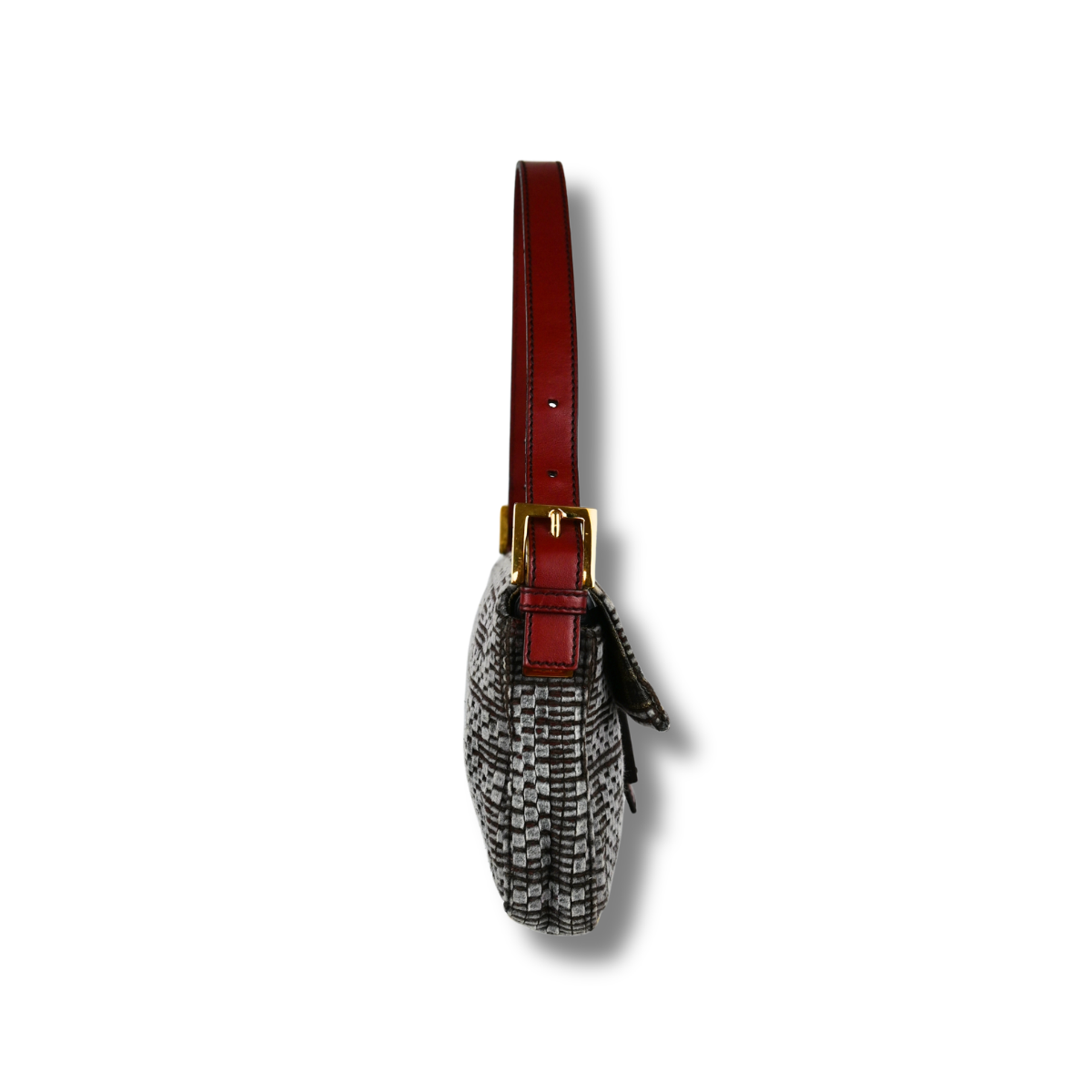 Fendi Woven Baguette Grey with Cherry red leather hardware, right side