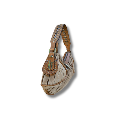 Vintage Versace crescent shoulder bag. Pony hair animal print and cognac brown leather Y2K