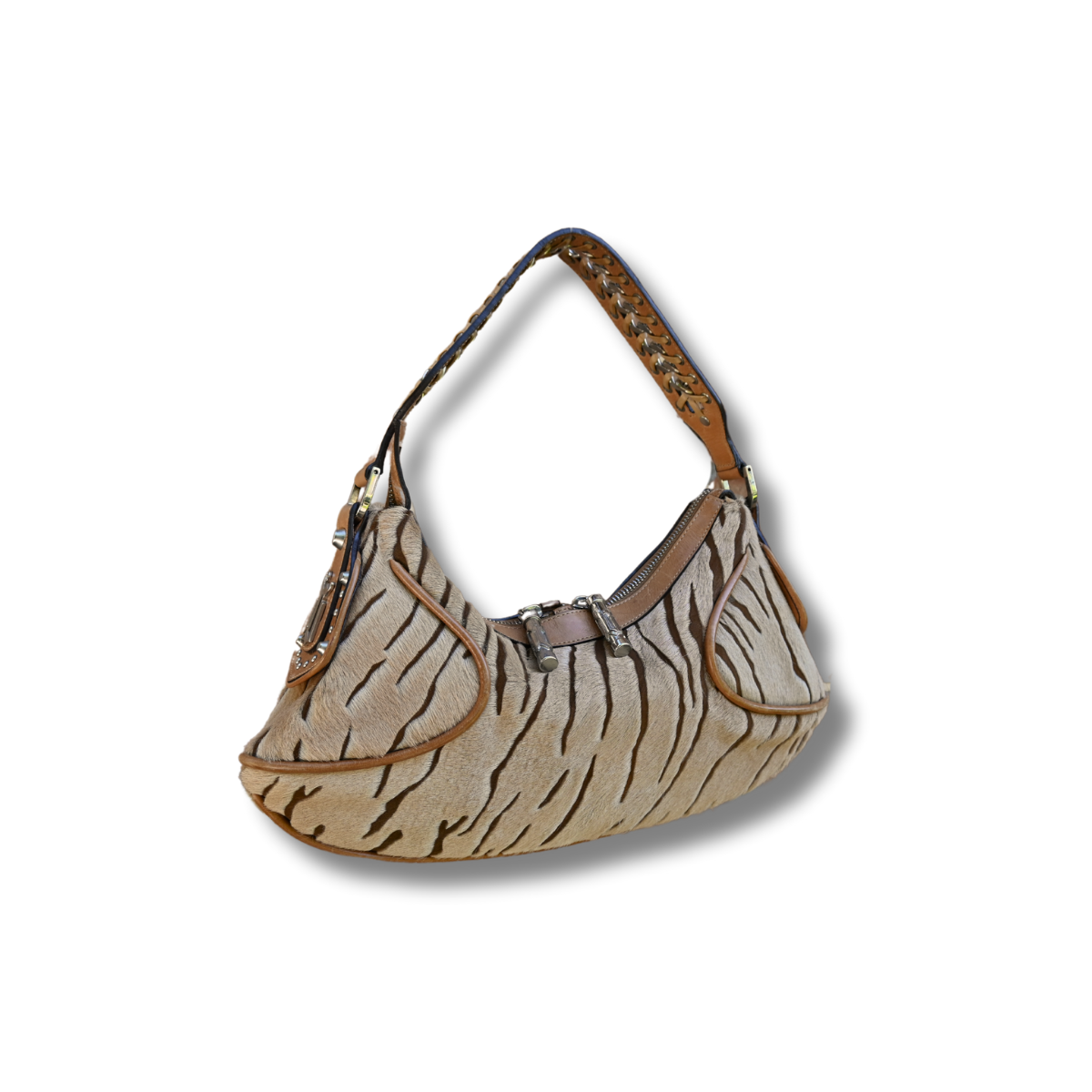 Vintage Versace crescent shoulder bag. Pony hair animal print and cognac brown leather Y2K