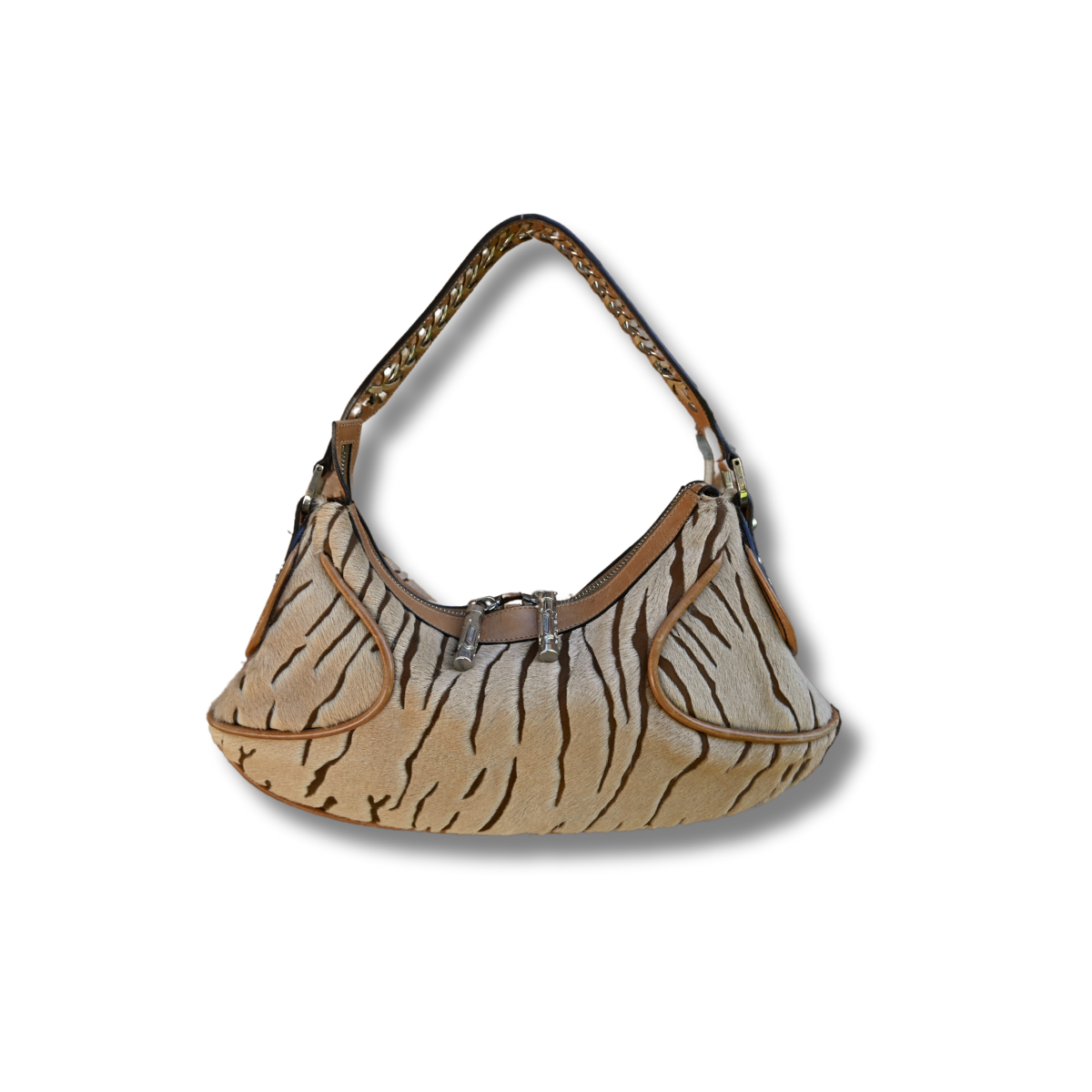 Vintage Versace crescent shoulder bag. Pony hair animal print and cognac brown leather Y2K