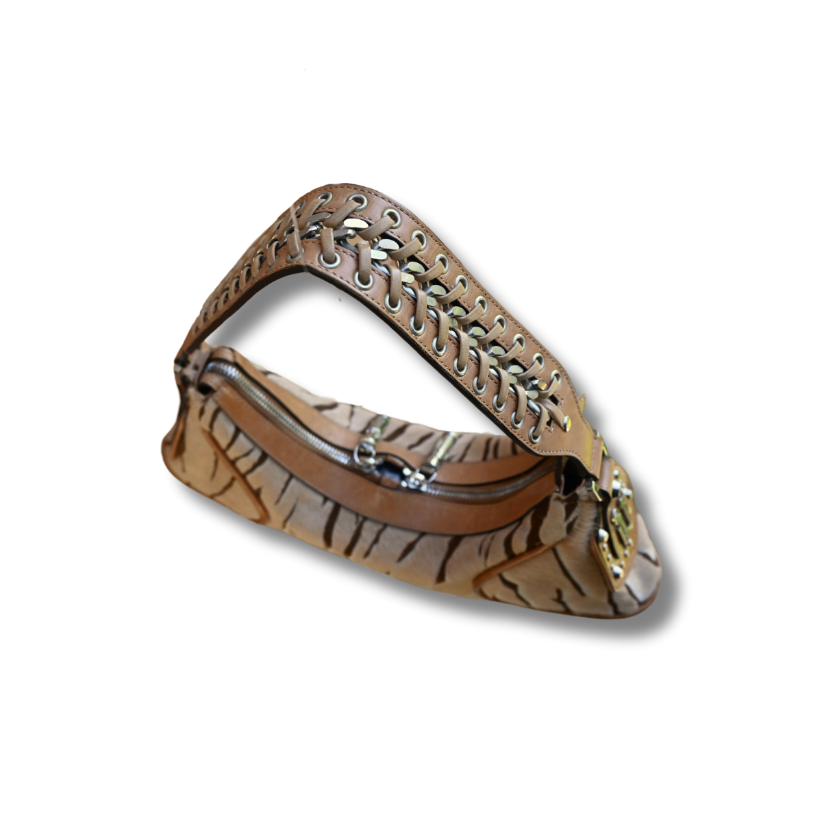 Vintage Versace crescent shoulder bag. Pony hair animal print and cognac brown leather Y2K