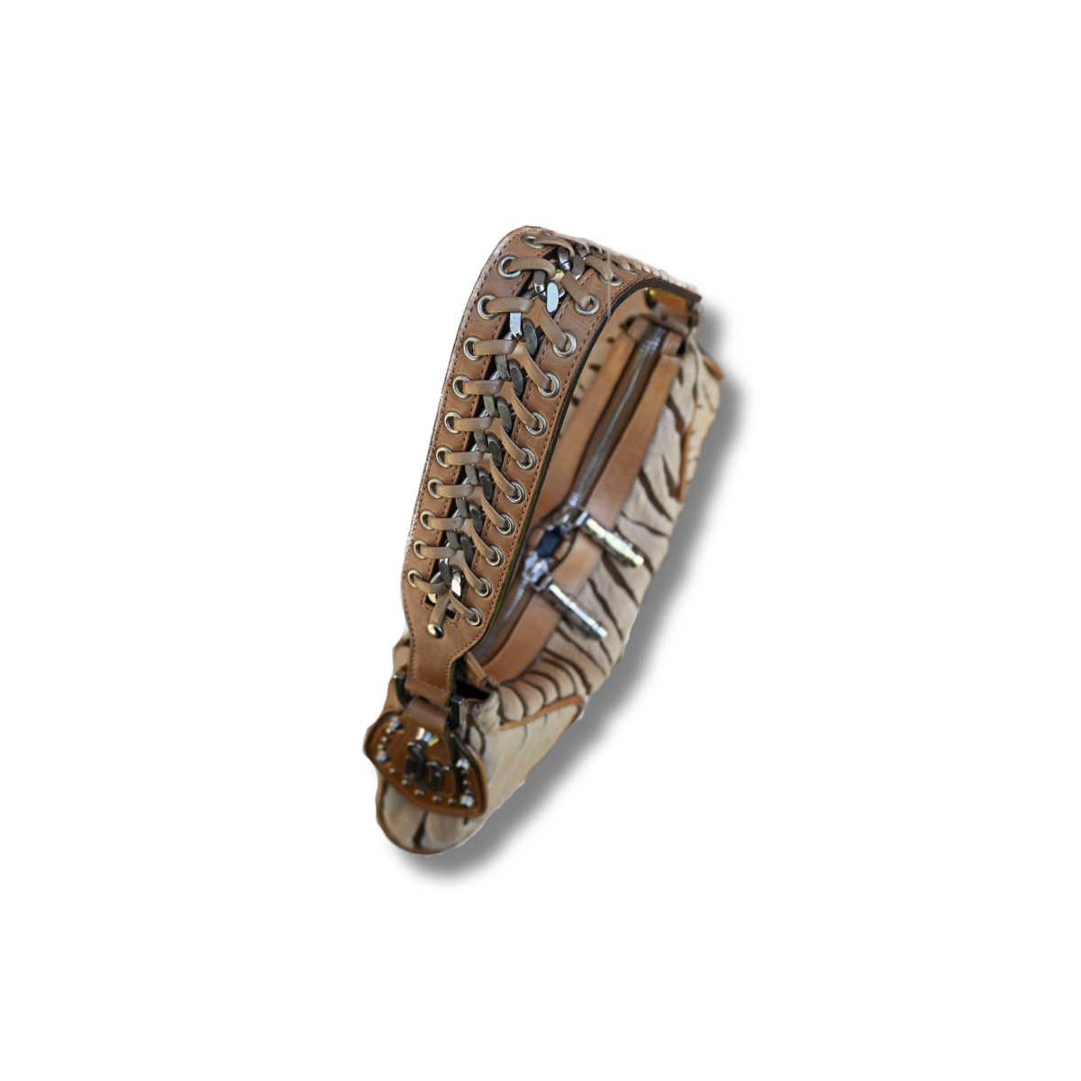 Vintage Versace crescent shoulder bag. Pony hair animal print and cognac brown leather Y2K