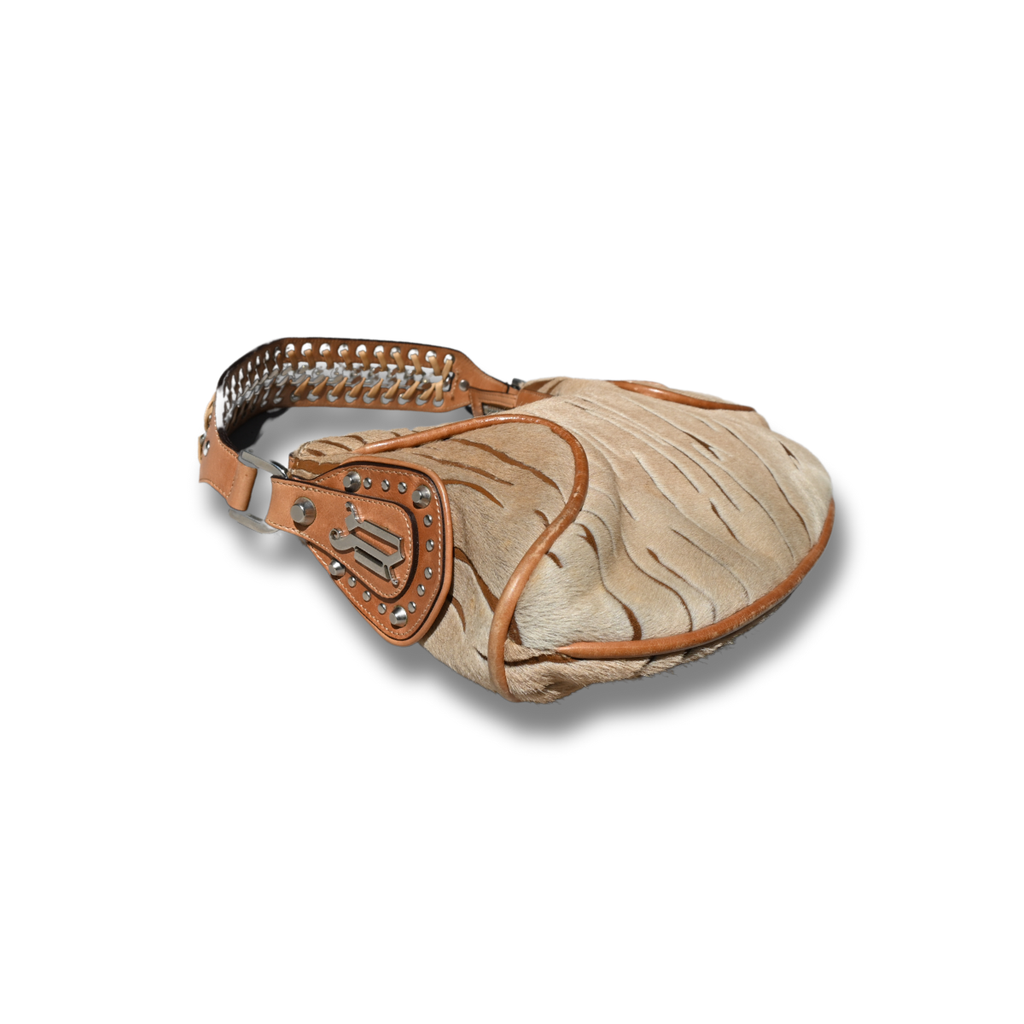 Vintage Versace crescent shoulder bag. Pony hair animal print and cognac brown leather Y2K
