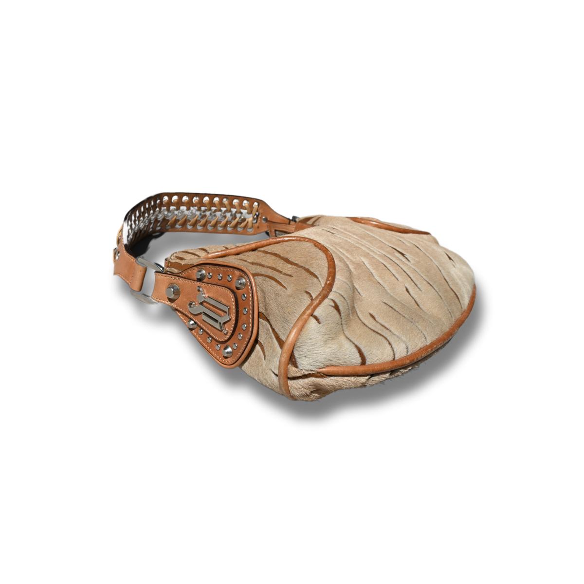 Vintage Versace crescent shoulder bag. Pony hair animal print and cognac brown leather Y2K