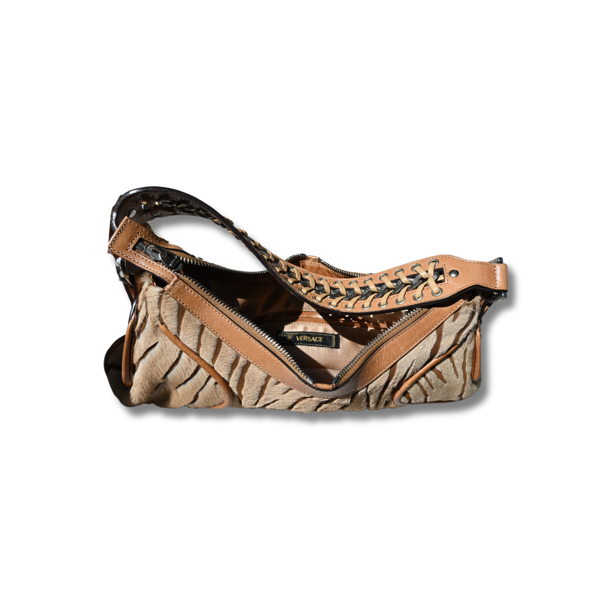 Vintage Versace crescent shoulder bag. Pony hair animal print and cognac brown leather Y2K