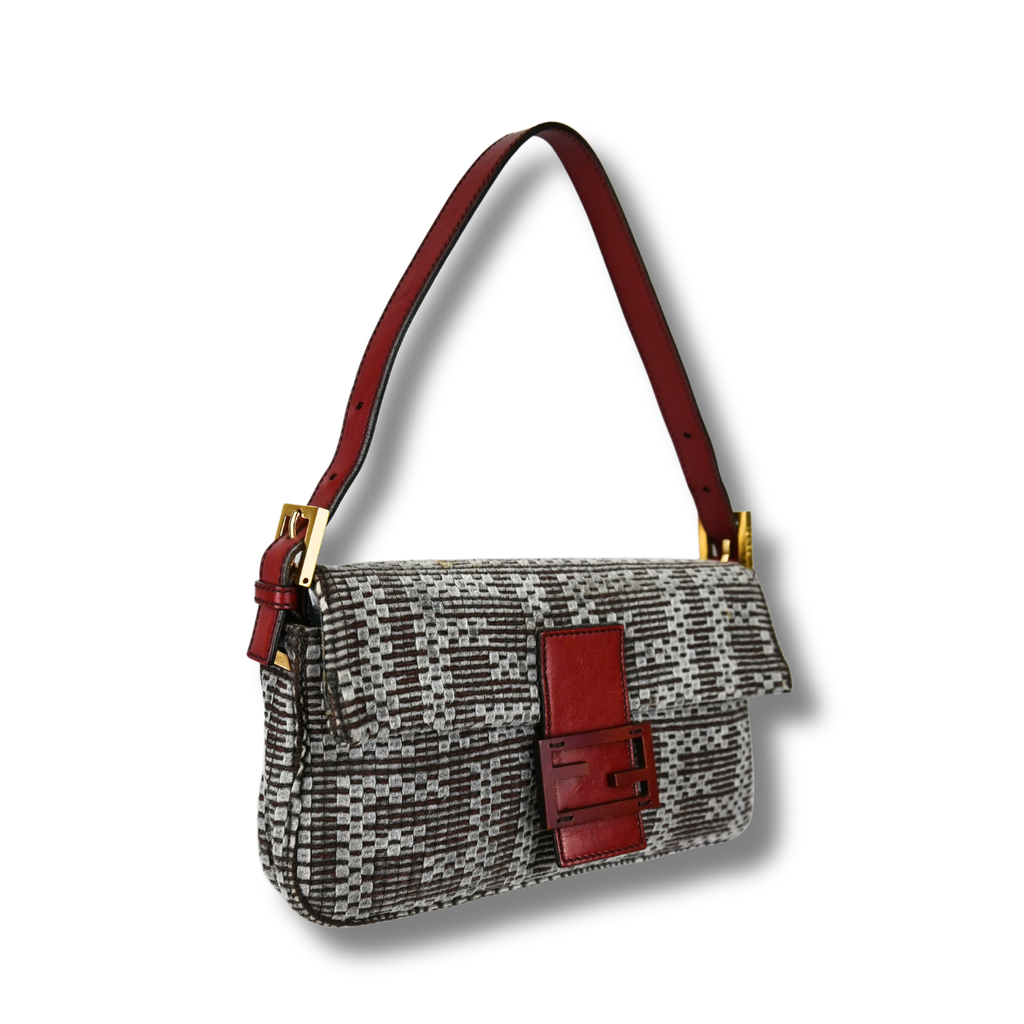 Fendi Woven Baguette Grey with Cherry red leather hardware, right front angle