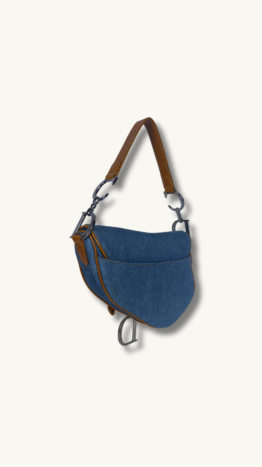Dior Denim Embroidered Butterfly Saddle Bag with cognac brown leather 