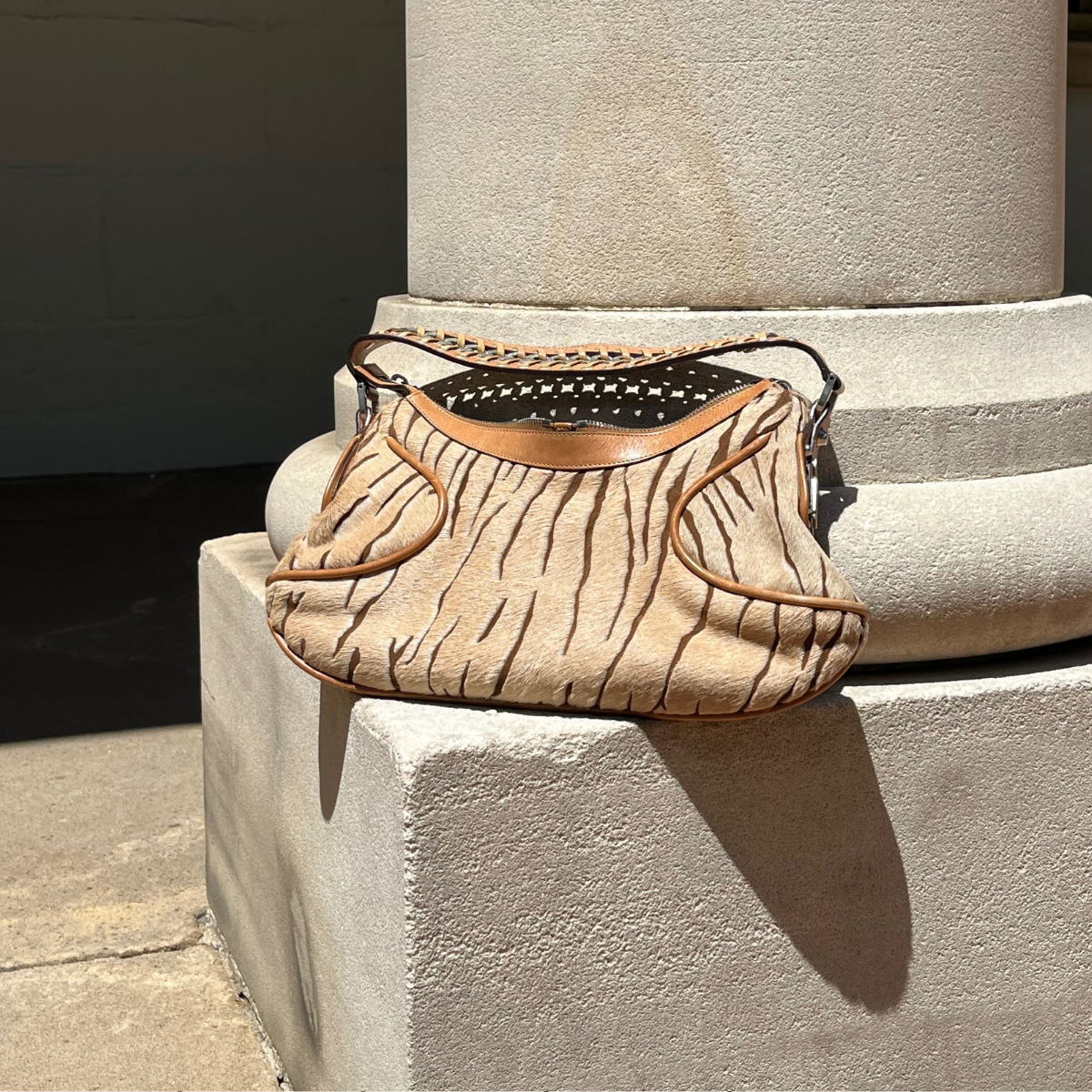 Vintage Versace crescent shoulder bag. Pony hair animal print and cognac brown leather Y2K