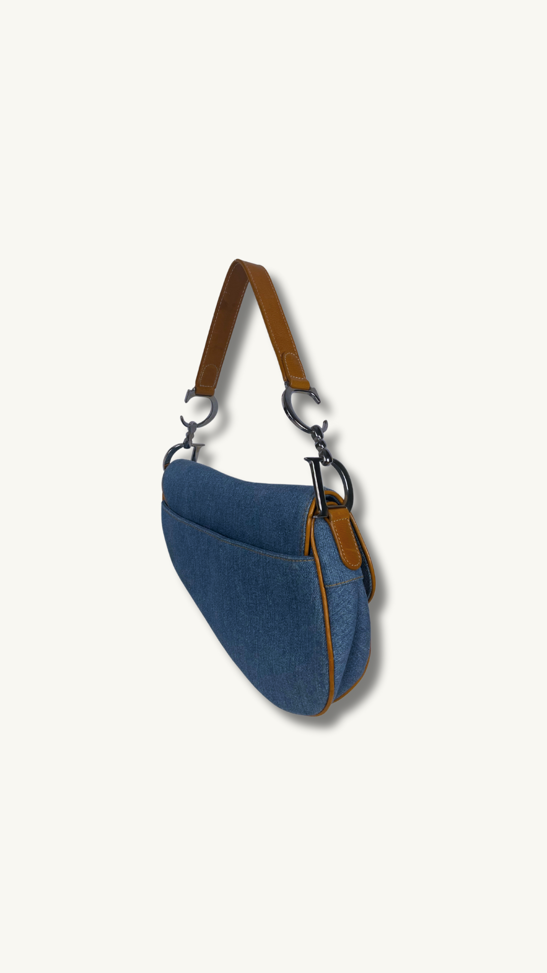 Dior Denim Embroidered Butterfly Saddle Bag with cognac brown leather 