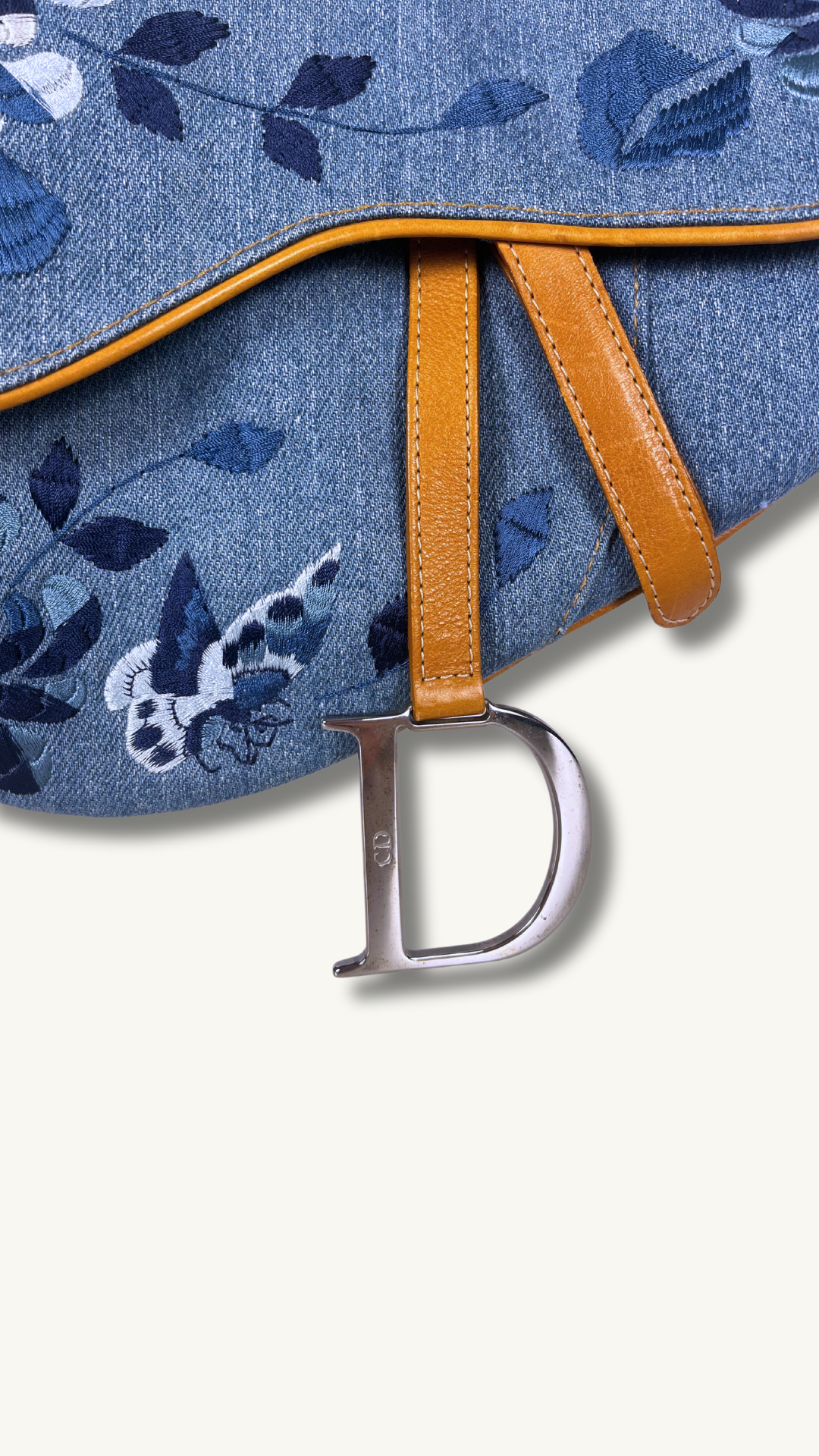 Dior Denim Embroidered Butterfly Saddle Bag with cognac brown leather 