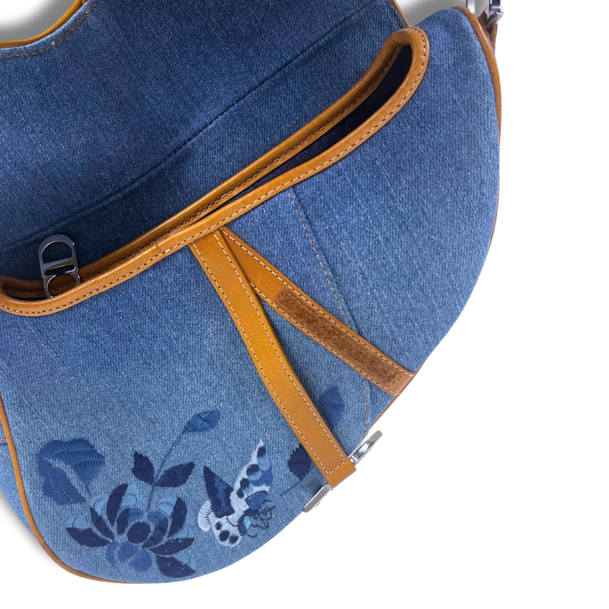 Dior Denim Embroidered Butterfly Saddle Bag with cognac brown leather 